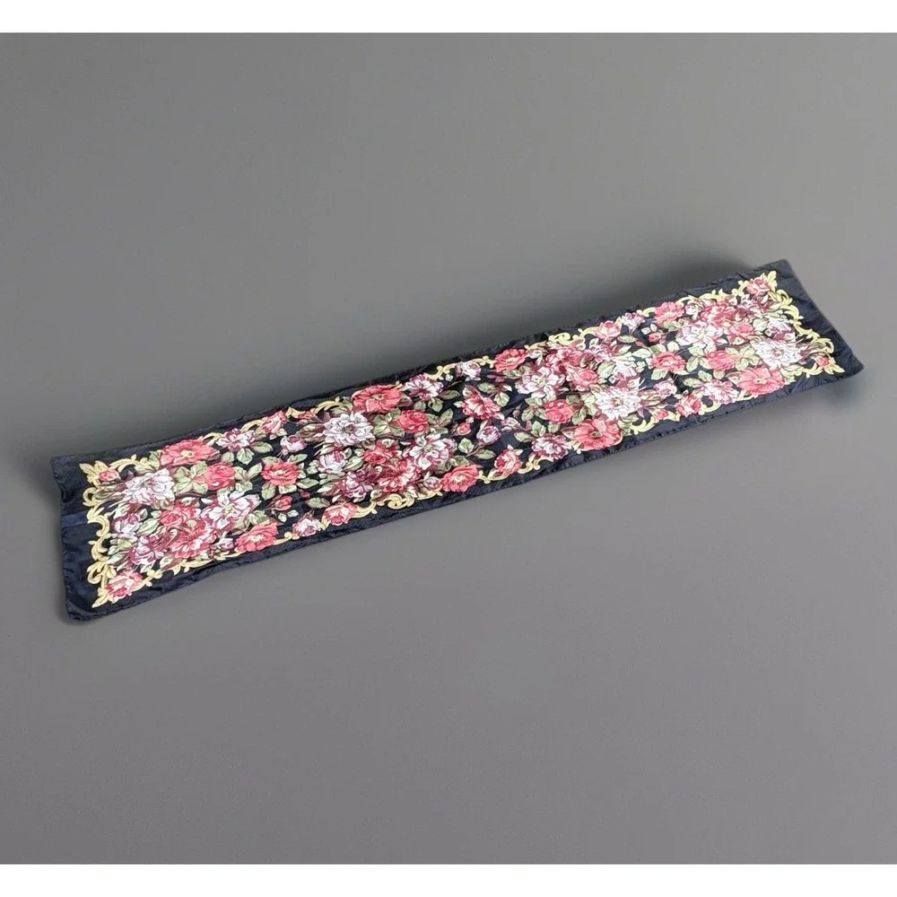 Vintage 80s Kathie Lee Floral Scarf Navy Pink Rose Cottagecore Romantic 56x12